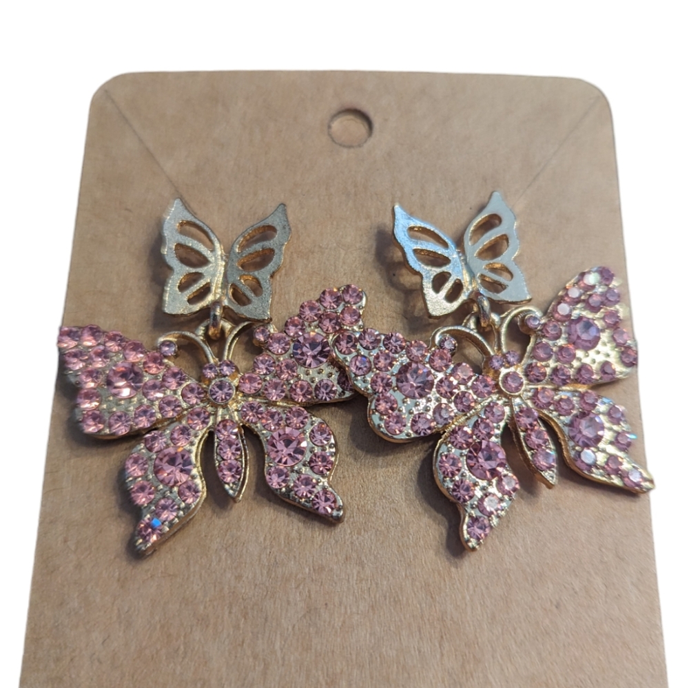 Gold Tone and Pink Rhinestone Butterfly Bow Earrings